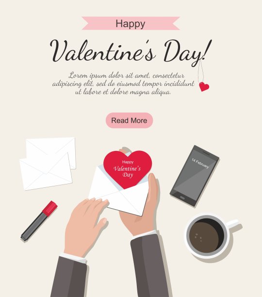 情人节组成。男人拿着红心信封，咖啡，电话，桌上的马克笔。图片下载