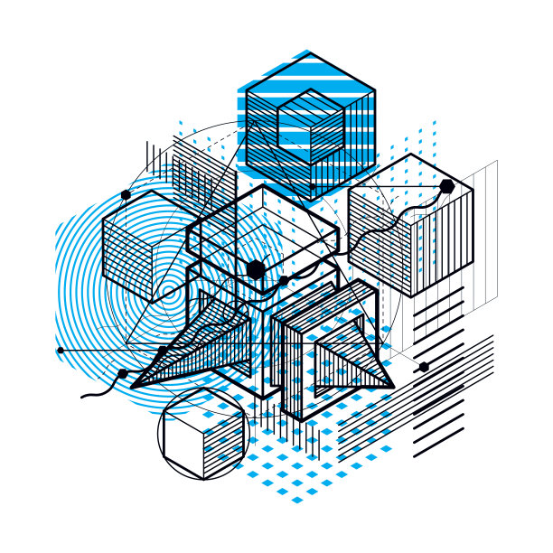抽象背景与等距元素，矢量线性艺术与线和形状。立方体，六边形，正方形，矩形和不同的抽象元素。图片下载