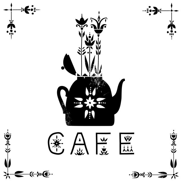 咖啡馆招牌的矢量概念。黑色植物茶壶，具有民族风格。素材图片