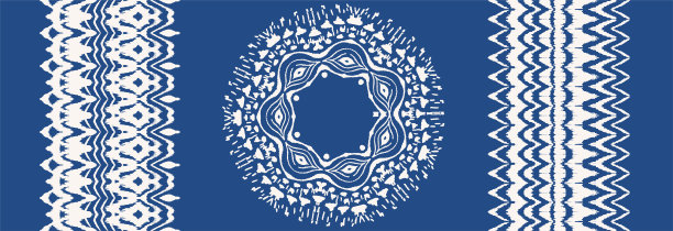 一套扎染艺术刷子和花边。向量民族项链。伊卡特模式。Shibori印花与条纹和人字形。图片下载