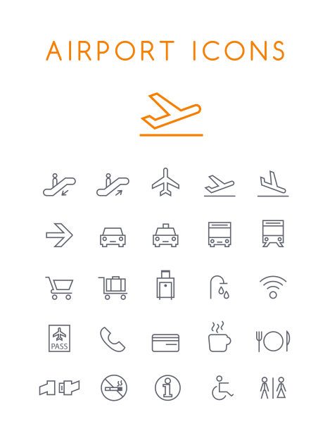 一套质量通用标准最小简单机场黑细线图标在白色背景图片下载