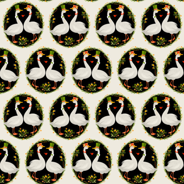 戴着大礼帽的公鹅和戴着带花帽子的鹅。鹅在帽子。无缝的背景图案。图片下载