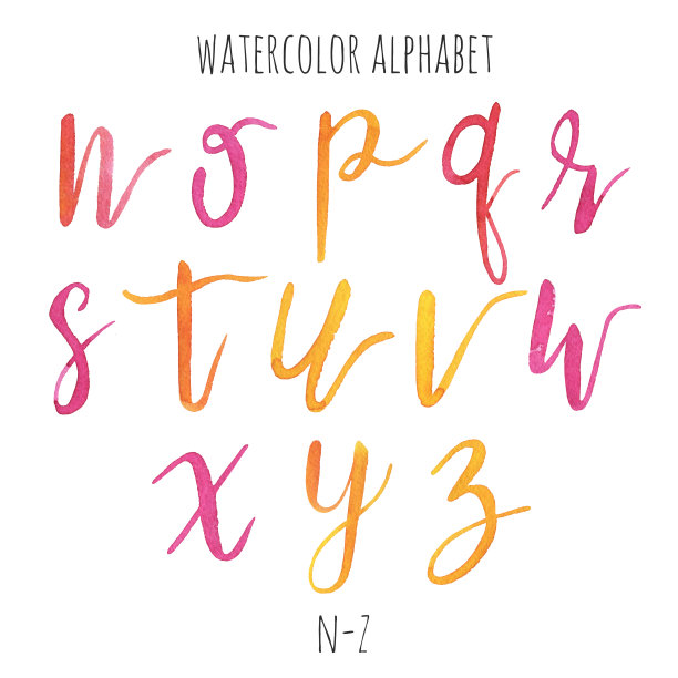 水彩字母表集从n到z孤立的白色背景图片下载