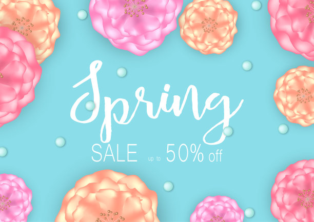 春季特价横幅背景上点缀着美丽的鲜花。矢量插图。图片下载