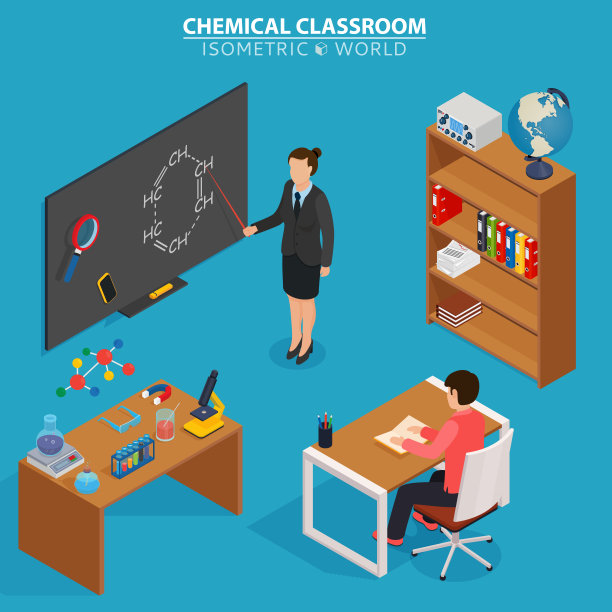 化学课堂：学校教育2.5D设计理念，教师在黑板前授课，学生在课堂听讲素材图片