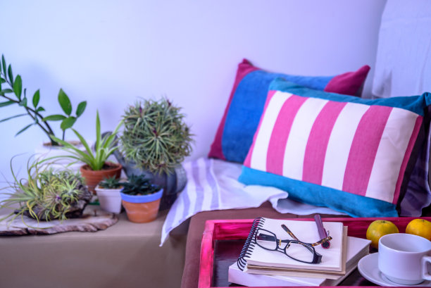 现代客厅室内设计以沙发，木托盘/家居装饰理念图片下载