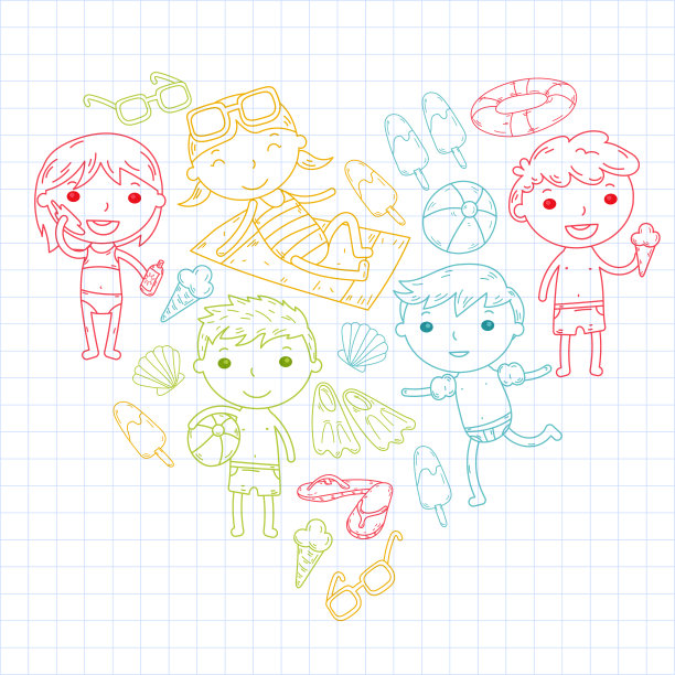 小孩子玩。夏令营，海滩，度假。幼儿园和学龄前儿童。玩耍，学习，一起成长。海滩，沙堡，太阳镜，冰淇淋，太阳，球。男孩和女孩矢量模式图片下载