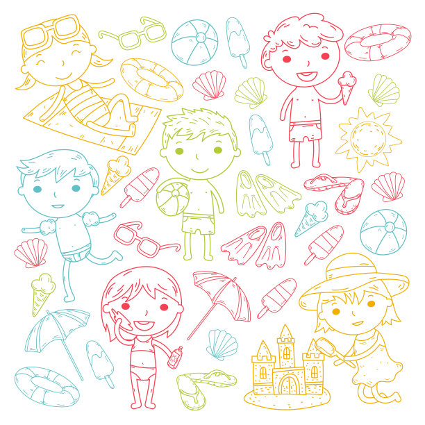 小孩子玩。夏令营，海滩，度假。幼儿园和学龄前儿童。玩耍，学习，一起成长。海滩，沙堡，太阳镜，冰淇淋，太阳，球。男孩和女孩矢量模式图片下载