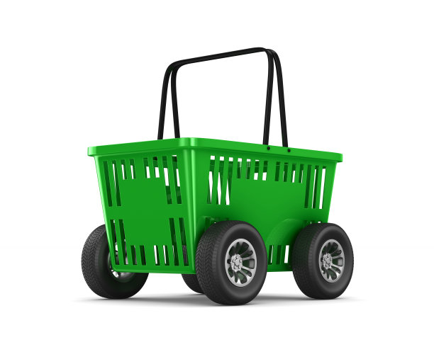 白色背景上有轮子的绿色空购物篮。孤立的3 d演示图片下载