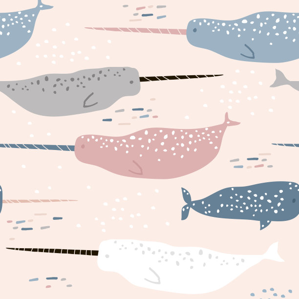 海洋无缝图案，手工绘制的独角鲸，织物，纺织，托儿所，包装幼稚的纹理。矢量图图片下载