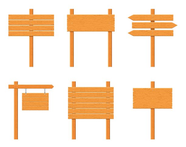 木制招牌在白色背景上设置孤立。在街道或道路上传达信息的标志和符号，标志的标志。横幅模板与木材纹理素材图片