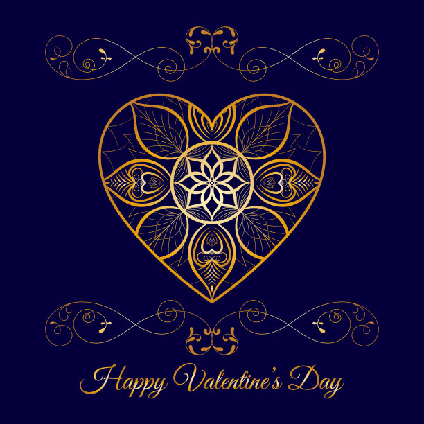 向量黄金花纹心蓝色。情人节快乐图片下载