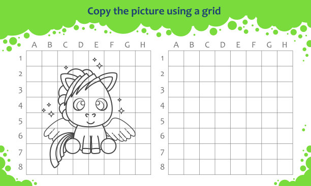 使用网格复制图片。儿童教育游戏。如何画可爱的卡通飞马图片下载