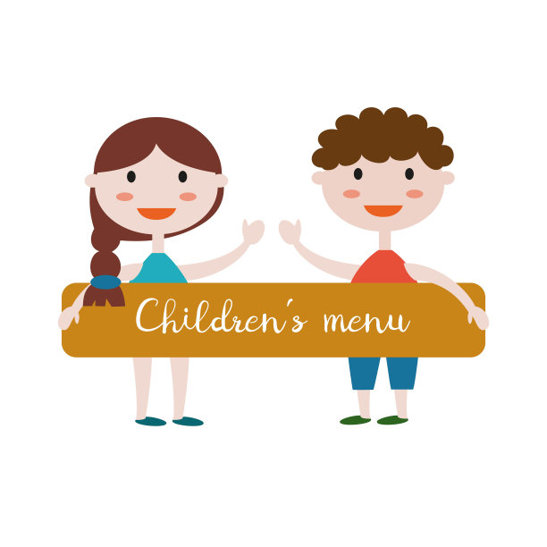 白色背景上有“儿童菜单”海报的孩子们。图片下载
