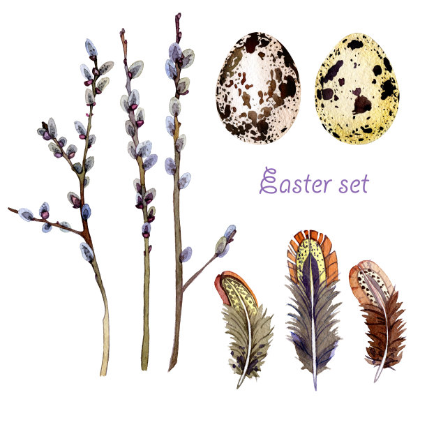 手绘复活节套装包括柳枝，蛋和羽毛图片下载