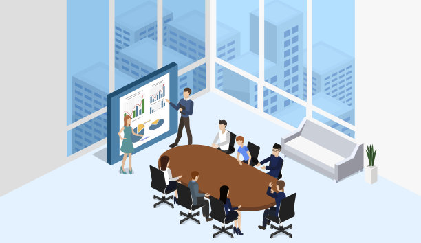 等距3D插图设置内部部门会议与工作场所图片下载