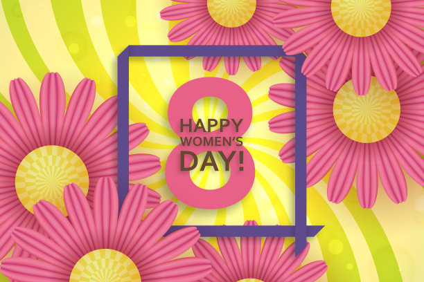 国际妇女节贺卡。3月8日用雏菊，散景和方框模板。漫画阳光背景图片下载