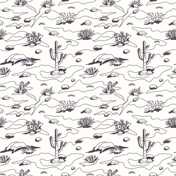 沙漠景观无缝格局。西方卡通背景+仙人掌，草药，沙丘，石头。黑色+白色图片下载
