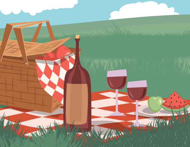 复古户外野餐卡通与自然和树木图片下载