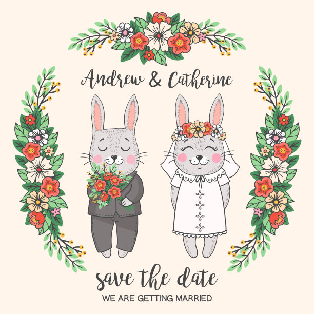 婚礼请帖上有新娘和新郎的兔子图片下载