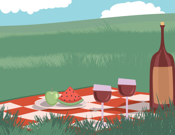 复古户外野餐卡通与自然和树木图片下载