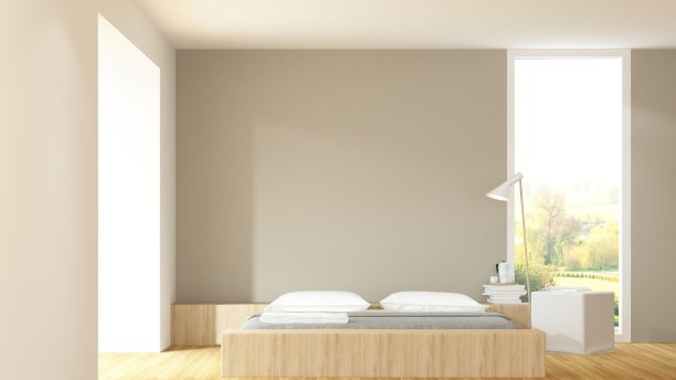 室内酒店卧室空间3d渲染和自然景观图片下载