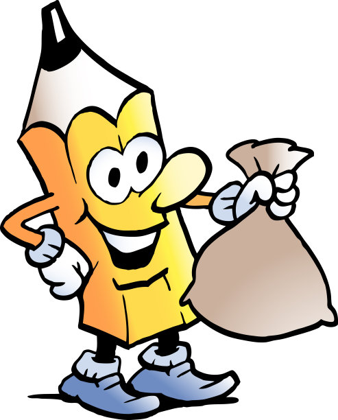 卡通矢量插图的一支铅笔站着，拿着一个钱袋图片下载