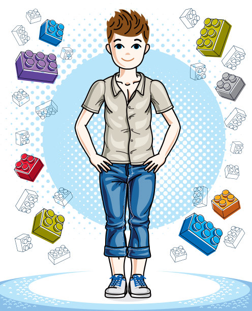 可爱的小男孩站在时尚的休闲衣服。矢量插图。童年生活方式的卡通。图片下载