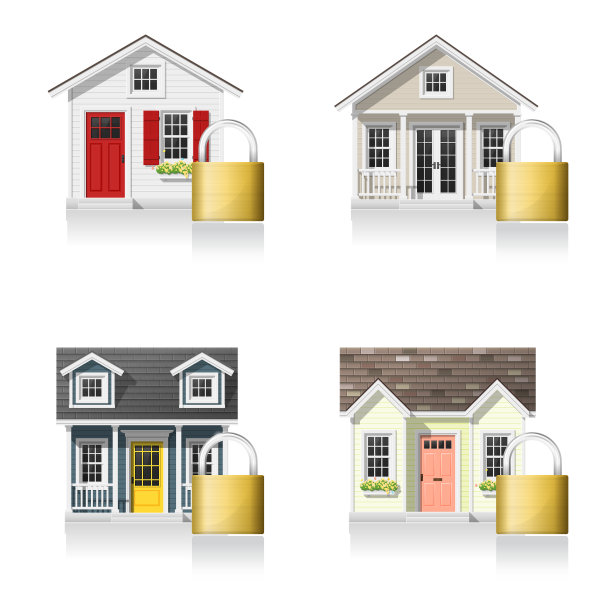 一套小房子和挂锁隔离在白色背景，矢量，插图图片下载
