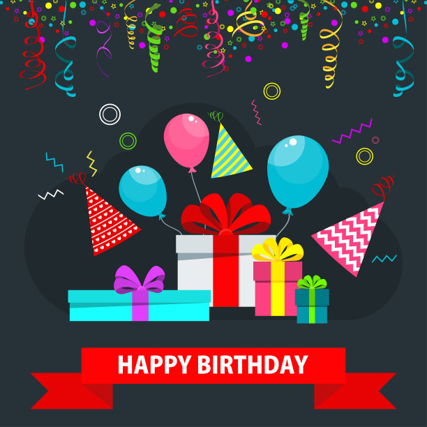 生日聚会平面矢量卡通贺卡。素材图片