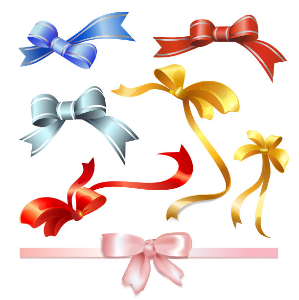 一套以白色为背景的彩色蝴蝶结。向量。图片下载