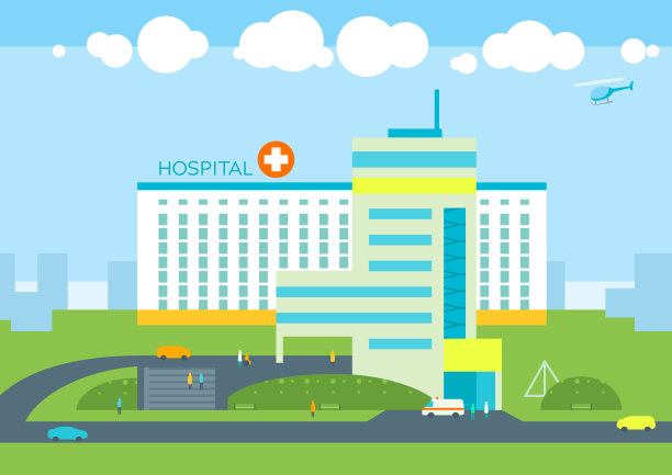 医院大楼，医生病人诊所，救护车和直升机。城市景观全景城市背景。医疗健康概念平面插图图片下载