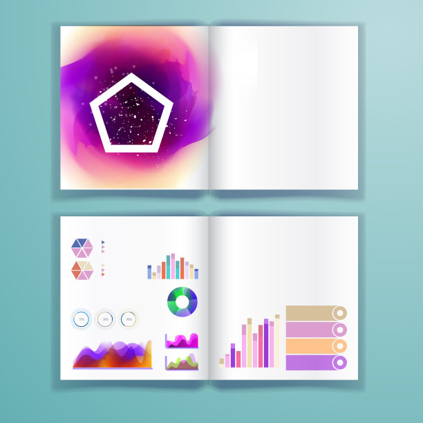 企业宣传册模板与颜色元素。矢量公司为广告、报告或指南提供商业风格。文具模板与抽象图案主题插图。图片下载