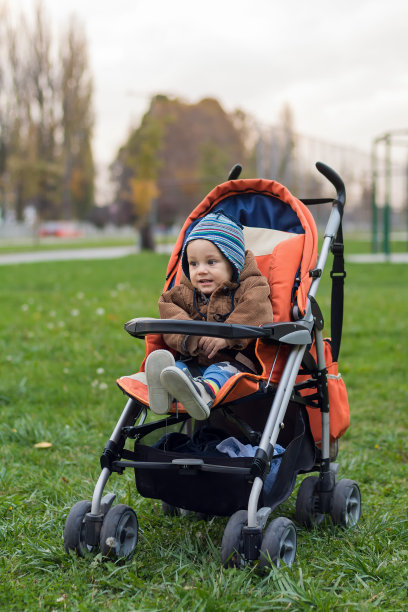 小男孩戴着冬季帽，坐在婴儿车里图片下载