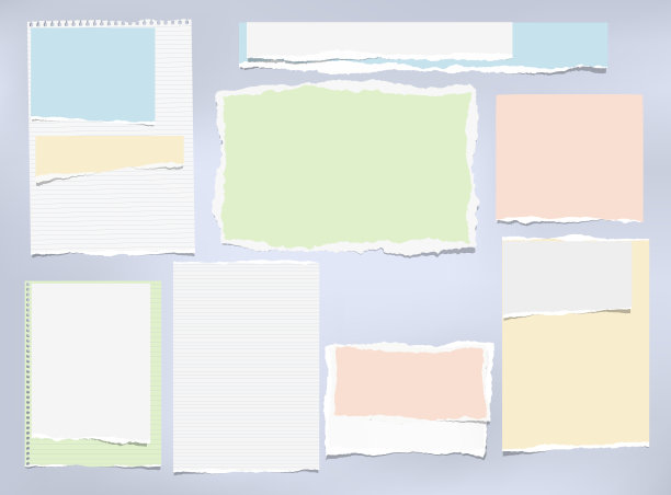 撕成彩色和白色的便条，把笔记本纸条粘在蓝色的背景上图片下载