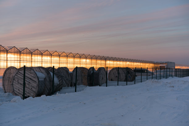 在背景的映衬下，冬天发光的温室图片下载