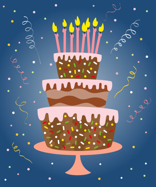 大蛋糕，蜡烛和五彩纸屑。图片下载