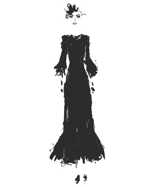 美丽的年轻女孩为设计。时装模特素描。黑色长连衣裙。图片下载