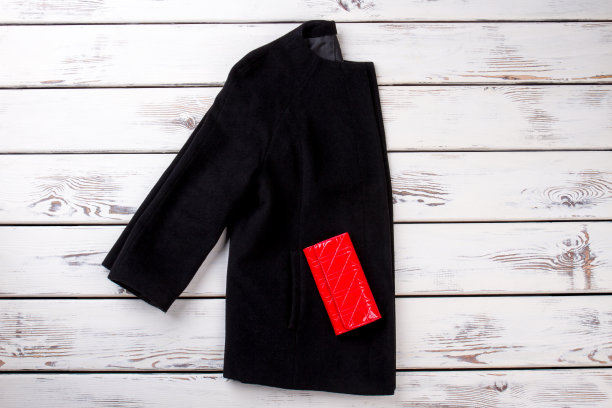 女性的黑色大衣和红色钱包。图片下载