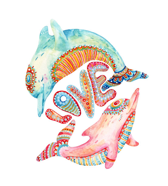 一对可爱的水彩海豚孤立在白色的背景。图片下载