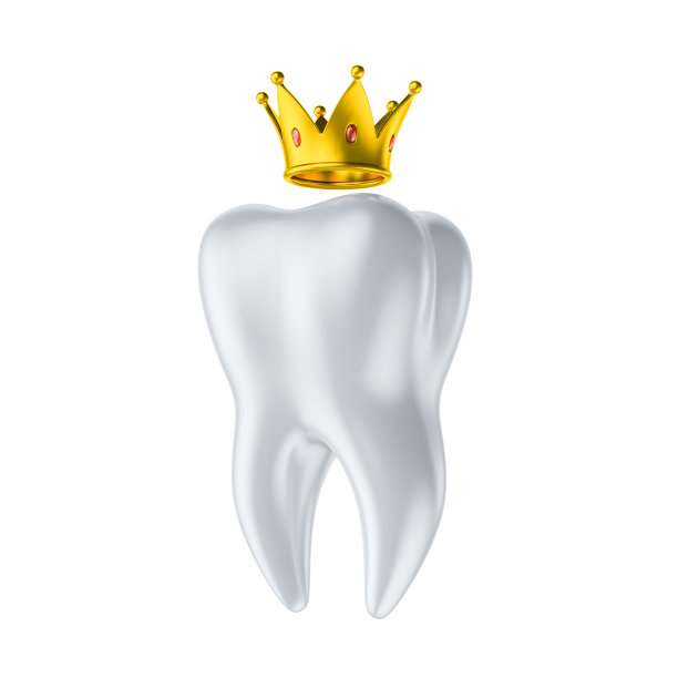 健康的牙齿3d插图与白色珐琅质和根。牙科，牙科保健，牙科诊所，口腔卫生主题设计。金色的王冠。图片下载