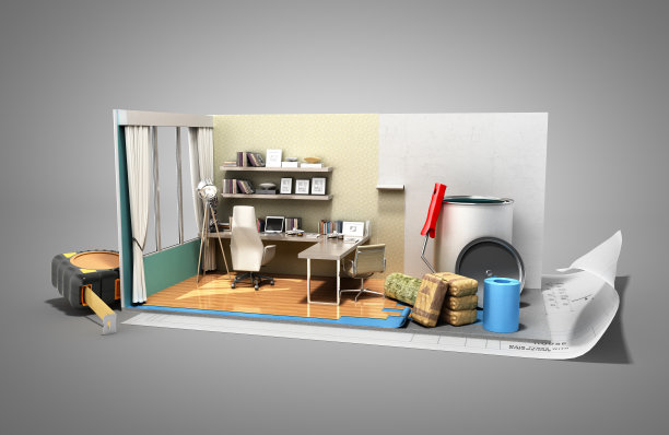 修理工作的概念等距低聚家庭房间装修图标3d渲染在灰色图片下载