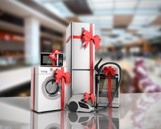 家电礼品组白色冰箱，洗衣机，炉子，微波炉，吸尘器与红色带销售背景3d渲染图片下载