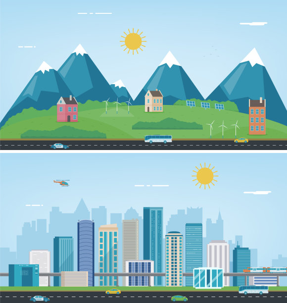 城市景观和郊区景观。建筑建筑，城市景观小镇。现代城市和郊区。向量图片下载