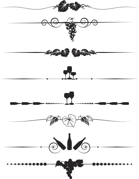 葡萄和葡萄酒分配器菜单元素设计设置为黑色剪影图片下载