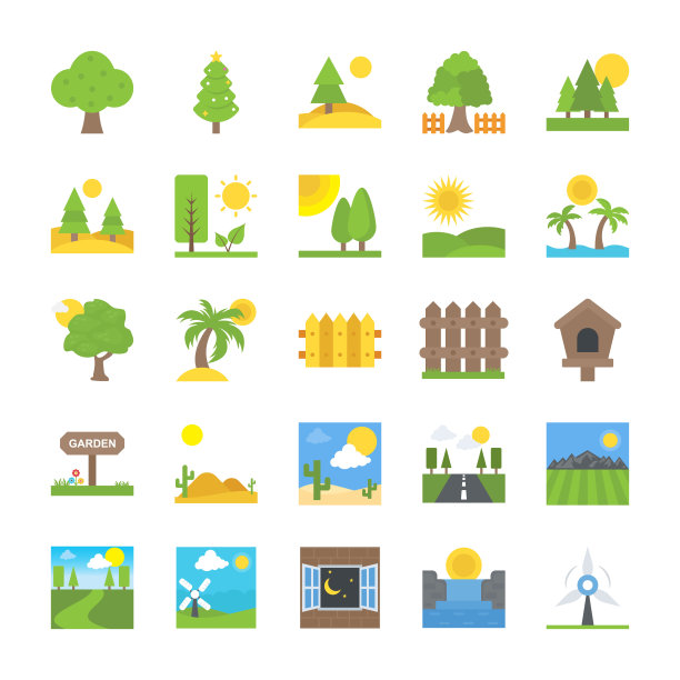 平面矢量图标设置景观和自然图片下载