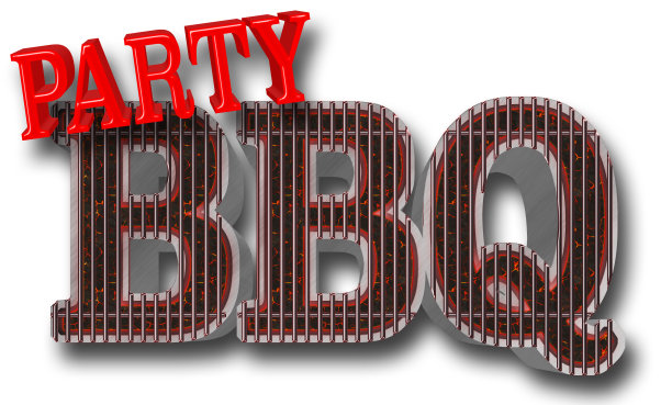 股票插图-文字:烧烤派对，亮红色文字:派对文字:烧烤形状的烧烤，大燃烧的煤炭烧烤，3D插图，白色背景。图片下载