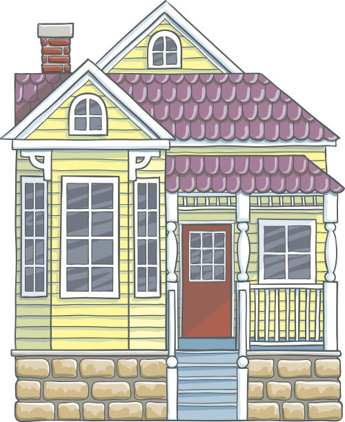 黄色的房子和紫色的屋顶图片下载