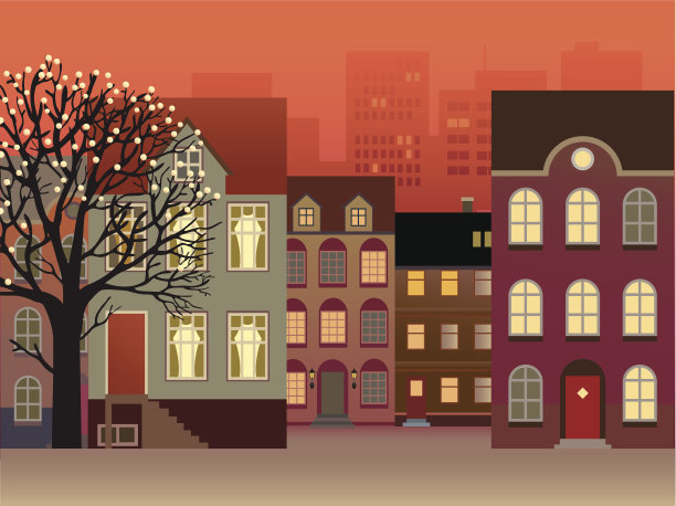 街道上的联排别墅和装饰着灯的树图片下载