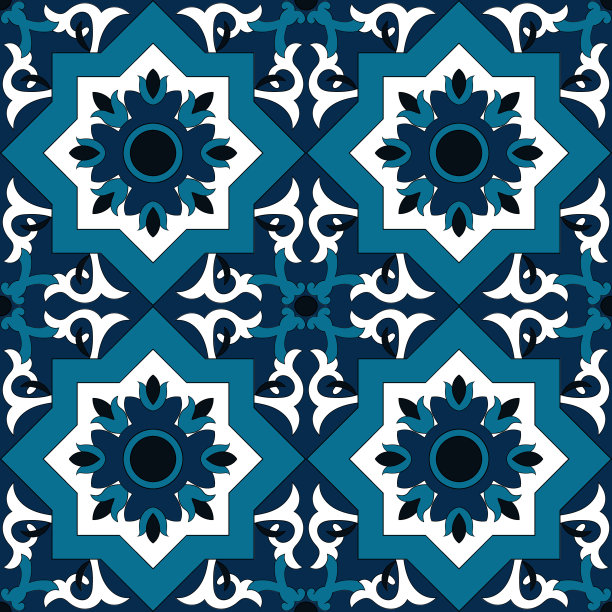 纹饰无缝矢量蓝白颜色。阿祖列霍，葡萄牙瓷砖，西班牙，摩洛哥，土耳其或阿拉伯瓷砖设计花卉图案。图片下载